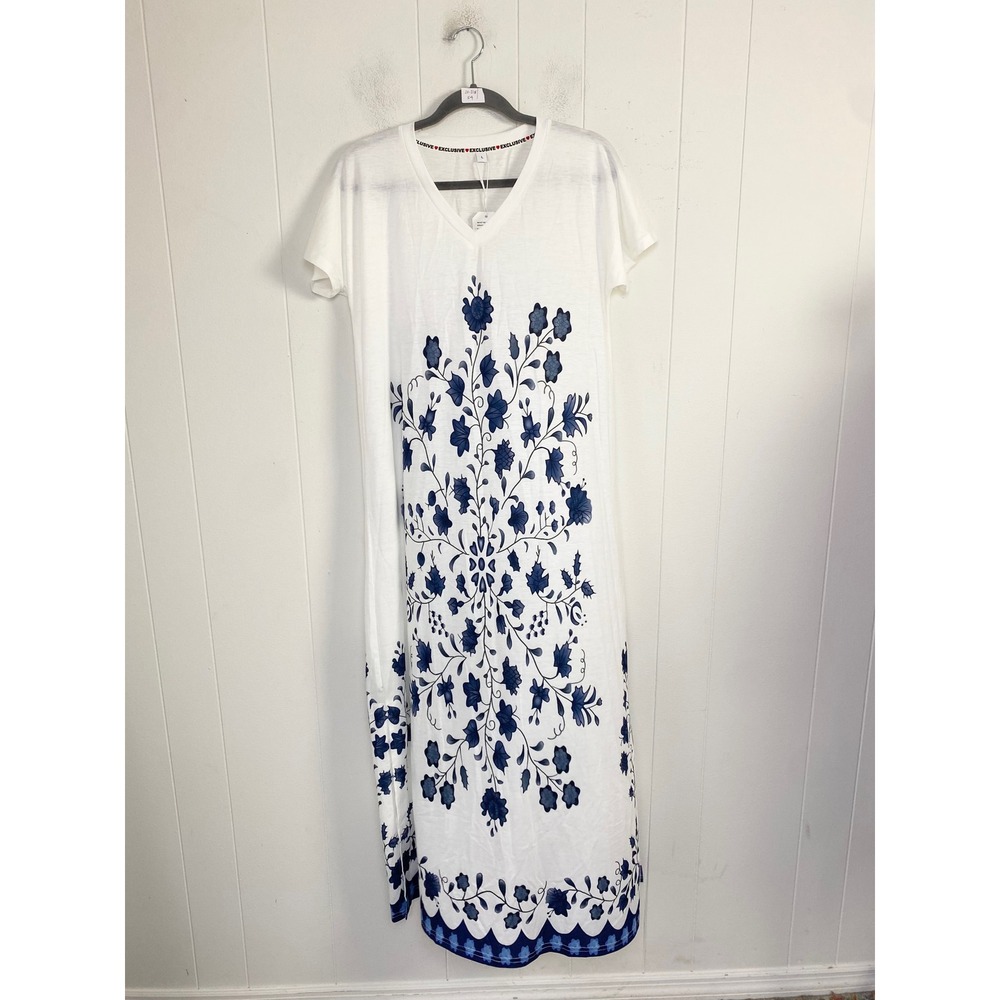 Exclusive White Blue Floral V-Neck Short Sleeve Maxi Dress Large NWT